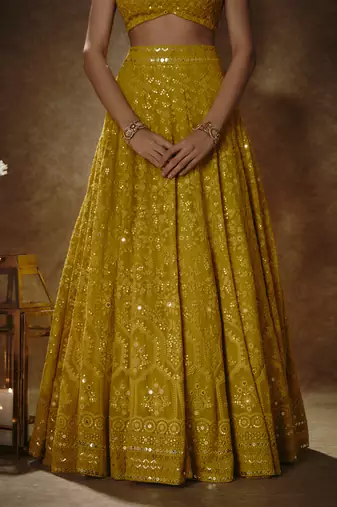 Yellow Georgette Thread Embroidered A Line Lehenga Choli for Women