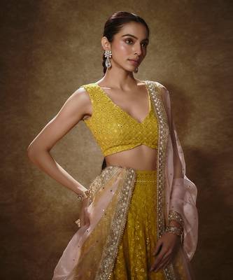 Yellow Georgette Thread Embroidered A Line Lehenga Choli for Women 4