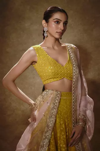 Yellow Georgette Thread Embroidered A Line Lehenga Choli for Women