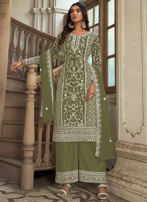 Traditional Net Straight Suit Mahendi 1