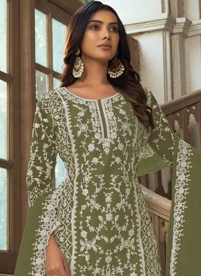 Traditional Net Straight Suit Mahendi 2