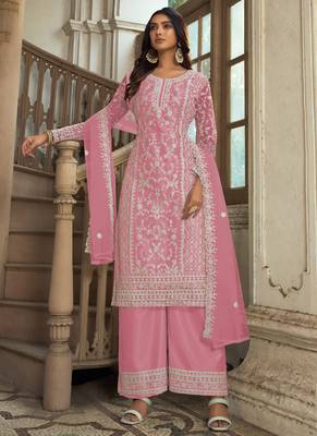 Traditional Net Straight Suit Baby Pink 1