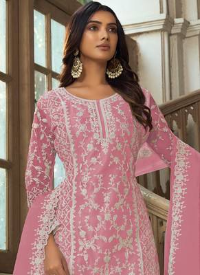 Traditional Net Straight Suit Baby Pink 2