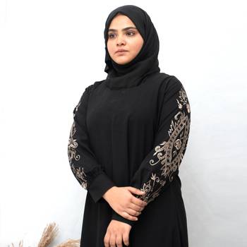 Full Sleeves Beige Embroidery Abaya in Black Color With Hijab 1