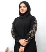 Full Sleeves Beige Embroidery Abaya in Black Color With Hijab
