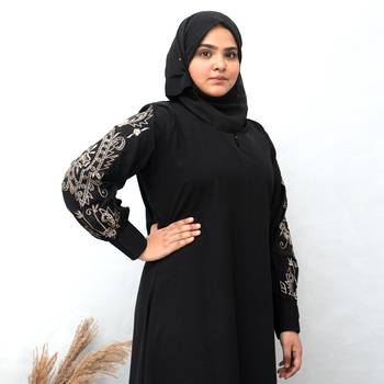 Full Sleeves Beige Embroidery Abaya in Black Color With Hijab 2