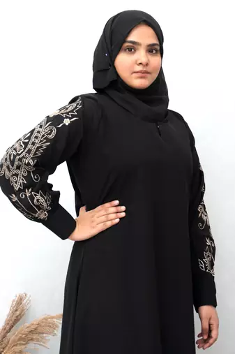 Full Sleeves Beige Embroidery Abaya in Black Color With Hijab