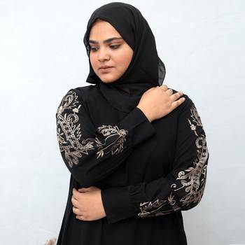 Full Sleeves Beige Embroidery Abaya in Black Color With Hijab 3