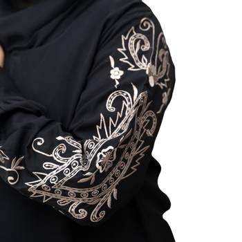Full Sleeves Beige Embroidery Abaya in Black Color With Hijab 4