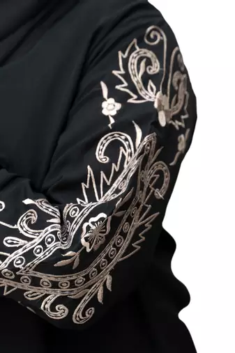 Full Sleeves Beige Embroidery Abaya in Black Color With Hijab