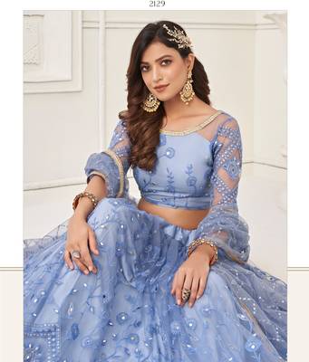 Blue Heavy Embroidery Net Semi Stitch A Line Lehenga With Blouse 1