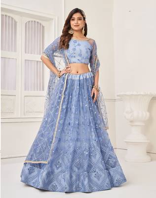 Blue Heavy Embroidery Net Semi Stitch A Line Lehenga With Blouse 3