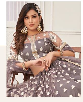 Grey Heavy Embroidery Net Semi Stitch A Line Lehenga With Blouse 3