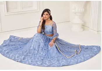 Blue Heavy Embroidery Net Semi Stitch A Line Lehenga With Blouse 4