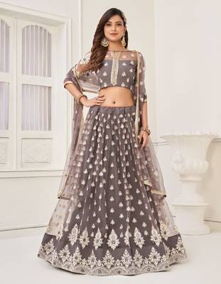 Grey Heavy Embroidery Net Semi Stitch A Line Lehenga With Blouse 1