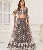 Grey Heavy Embroidery Net Semi Stitch A Line Lehenga With Blouse