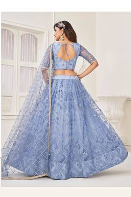 Blue Heavy Embroidery Net Semi Stitch A Line Lehenga With Blouse 5