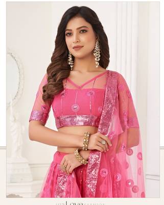 Pink Heavy Embroidery Net Semi Stitch A Line Lehenga With Blouse 1