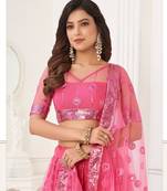 Pink Heavy Embroidery Net Semi Stitch A Line Lehenga With Blouse