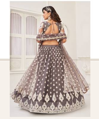 Grey Heavy Embroidery Net Semi Stitch A Line Lehenga With Blouse 5
