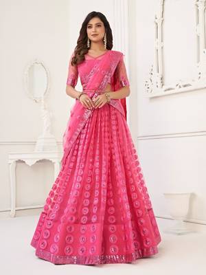Pink Heavy Embroidery Net Semi Stitch A Line Lehenga With Blouse 3