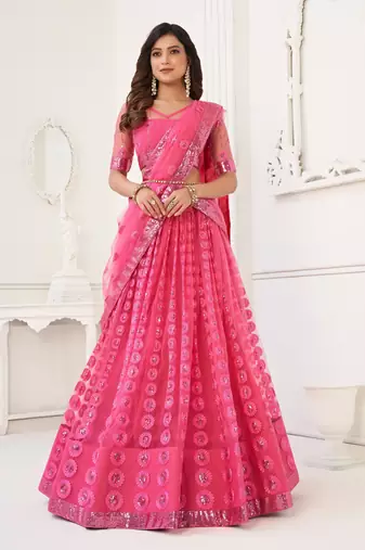 Pink Heavy Embroidery Net Semi Stitch A Line Lehenga With Blouse