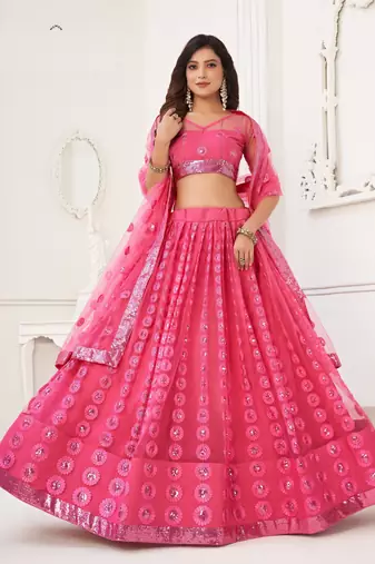Pink Heavy Embroidery Net Semi Stitch A Line Lehenga With Blouse
