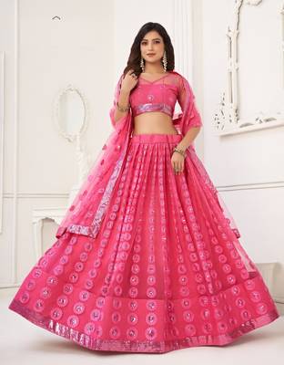 Pink Heavy Embroidery Net Semi Stitch A Line Lehenga With Blouse 5