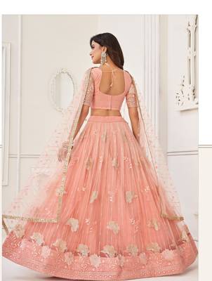 Peach Heavy Embroidery Net Semi Stitch A Line Lehenga With Blouse 4