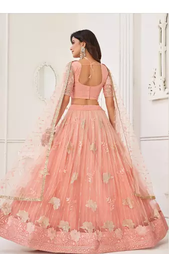 Peach Heavy Embroidery Net Semi Stitch A Line Lehenga With Blouse