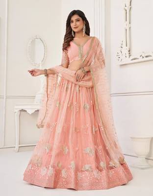 Peach Heavy Embroidery Net Semi Stitch A Line Lehenga With Blouse 1