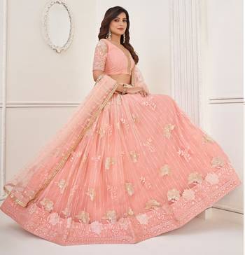 Peach Heavy Embroidery Net Semi Stitch A Line Lehenga With Blouse 5