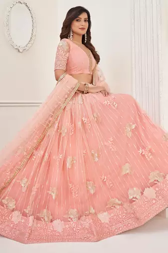 Peach Heavy Embroidery Net Semi Stitch A Line Lehenga With Blouse
