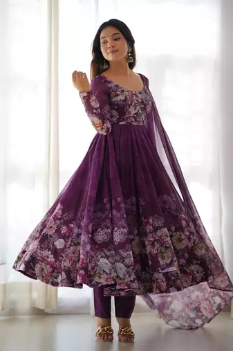 Soft Organza Silk Fabric Fully Flair Kali Pattern With Canvas Patta attached padded and zipper Gown, Dupatta and Pent 