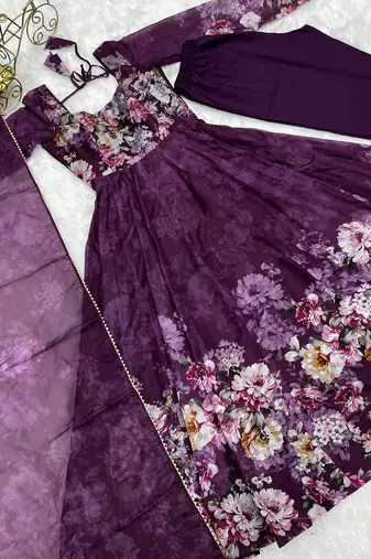 Soft Organza Silk Fabric Fully Flair Kali Pattern With Canvas Patta attached padded and zipper Gown, Dupatta and Pent 