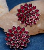 Sasha set of 3 oxidized silver stud earrings with floral design and red stones - various sizes