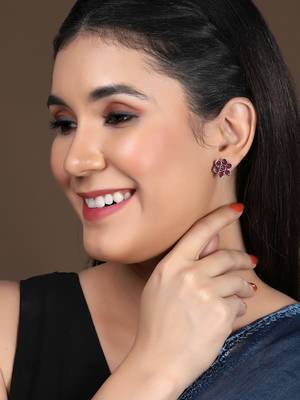 Sasha set of 3 oxidized silver stud earrings with floral design and red stones - various sizes 2
