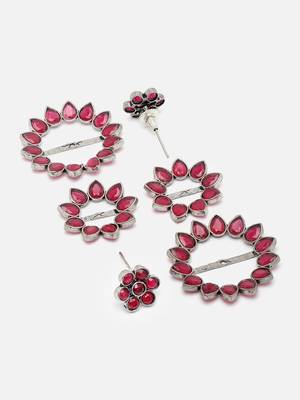 Sasha set of 3 oxidized silver stud earrings with floral design and red stones - various sizes 5