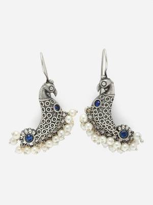Sasha oxidized silver drop earrings with peacock figure, blue and white beads 3
