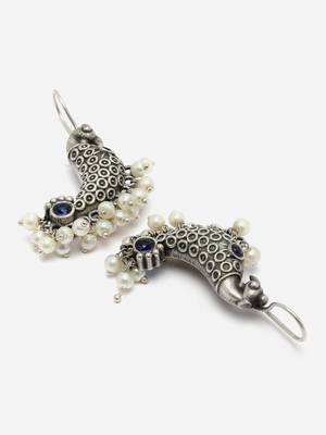 Sasha oxidized silver drop earrings with peacock figure, blue and white beads 4