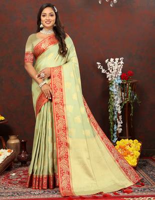 Mint Green Woven Self Design Cotton Katan Silk Saree With Blouse For Women 1