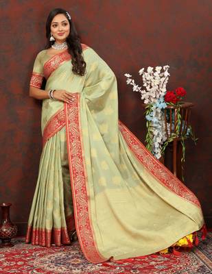 Mint Green Woven Self Design Cotton Katan Silk Saree With Blouse For Women 2