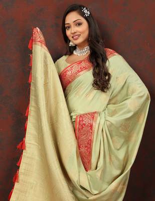 Mint Green Woven Self Design Cotton Katan Silk Saree With Blouse For Women 3