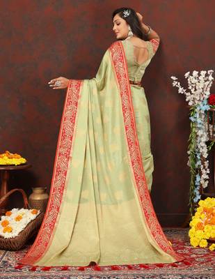 Mint Green Woven Self Design Cotton Katan Silk Saree With Blouse For Women 4