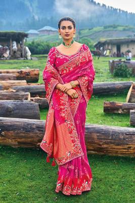 Rani Pink Silk Heavy Embroidery With Stone Work Saree With Blouse 1