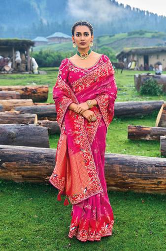 Rani Pink Silk Heavy Embroidery With Stone Work Saree With Blouse