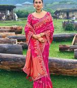 Rani Pink Silk Heavy Embroidery With Stone Work Saree With Blouse