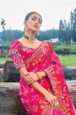 Rani Pink Silk Heavy Embroidery With Stone Work Saree With Blouse 2