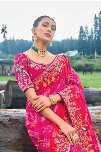 Rani Pink Silk Heavy Embroidery With Stone Work Saree With Blouse