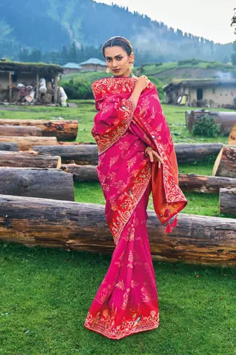 Rani Pink Silk Heavy Embroidery With Stone Work Saree With Blouse